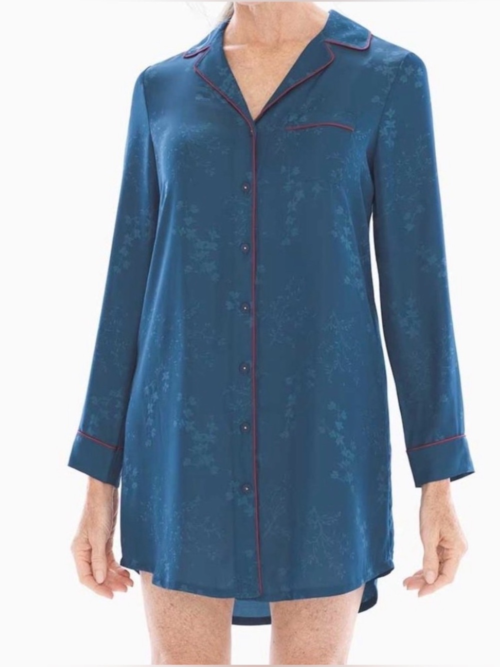 Soma blue floral satin jacquard long sleeve button-front sleep shirt Large NWT